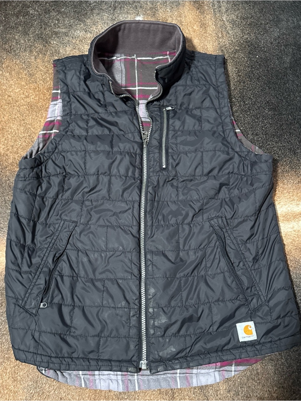 Carhartt Womens S M Black Reversible Amoret Flannel Lined Puffer Vest Utility